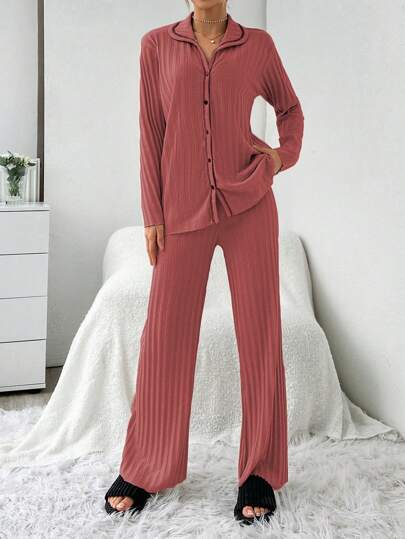 RueChic Set Open Front Contrast Stitching Ribbed Pajama view 3