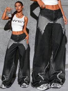SHEIN Tall 5-Point Star Pocket Front Button Casual Frayed Hem Wide Leg Jeans - Black - View 1