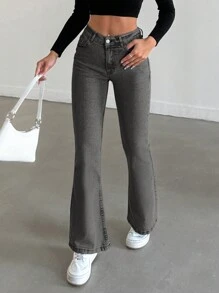 SHEIN PETITE Casual Distressed Slim Fit Flare Leg Jeans - Grey - View 6