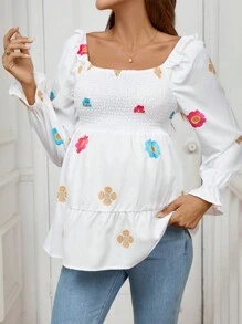 SHEIN Maternity Floral Print Ruffle Collar & Hem Long Sleeve Blouse - White - View 5
