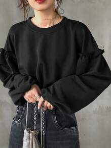 FRIFUL 女士休闲纯色褶皱宽松T恤，秋季长袖女上衣