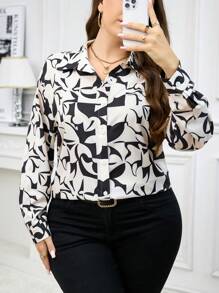 SHEIN Clasi 大码前扣领长袖全印花衬衫 - 黑與白 - 查看 7