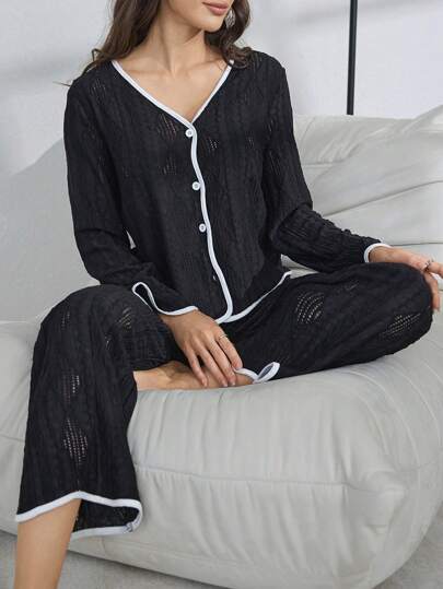 Kadın Turnover V Yaka Tek Göğüslü Uzun Kollu Üst ve Geniş Paça Pantolon Pijama Takımı