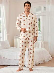 Bear Print Lapel Cardigan & Pants Men Pajama Set - Apricot - View 5