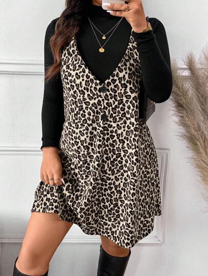 SHEIN Frenchy 大码女式波西米亚风豹纹无袖连衣裙，时尚秋冬