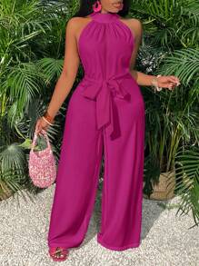 Slaydiva Vacation Green Mock Neck Split Front Pockets Wide Leg Jumpsuit - E