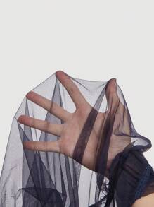 SHEIN MOD 大码女式黑色高领撞色网眼喇叭袖系带长袖连衣裙，背部饰有透明蝴蝶结，开学连衣裙 - 藏蓝色 - 查看 5