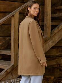 LanaWest 女士立领纽扣长袖开衩袖口中长款大衣，秋冬 - 摩卡棕 - 查看 2