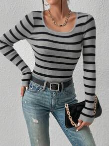 SHEIN Essnce 女士条纹圆领长袖修身毛衣，秋季