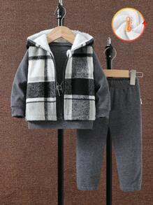 SHEIN Baby Boy Plaid Printed Hooded Thermal Lined Jacket Vest And Sweatpants & Sweatshirt Set