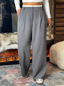 SHEIN EZwear Plus Size Retro Patchwork Waist Band Casual Straight-Leg Trousers