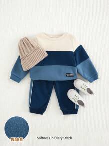 Cozy Pixies Bộ 2 áo hoodie tay dài cổ tròn màu tương phản Jacquard cho bé trai và quần dài cạp chun - Nhiều màu - Xem 6