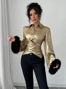 Chiquease Women's French Romantic Cross Tied Golden Sequin Design Flare Sleeve Feather Decor Blouse For New Year Holiday Party Clothes Women Shirt - Gold - View 5