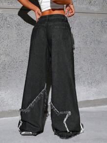 SHEIN Tall 5-Point Star Pocket Front Button Casual Frayed Hem Wide Leg Jeans - Black - View 2