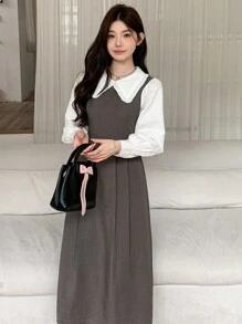 DAZY 女士泡泡领长袖撞色荷叶边优雅中长连衣裙，秋季连衣裙 - 灰色 - 查看 1