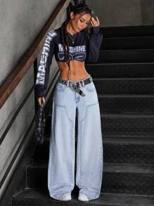 SHEIN ICON Quần Jeans Denim Ống Rộng Túi Rộng Thường Ngày Đa Năng Cho Nữ - Rửa nhẹ - Xem 4