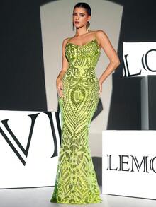 Lace Up Backless Mermaid Hem Sequin Formal Dress - Lime Green - View 5