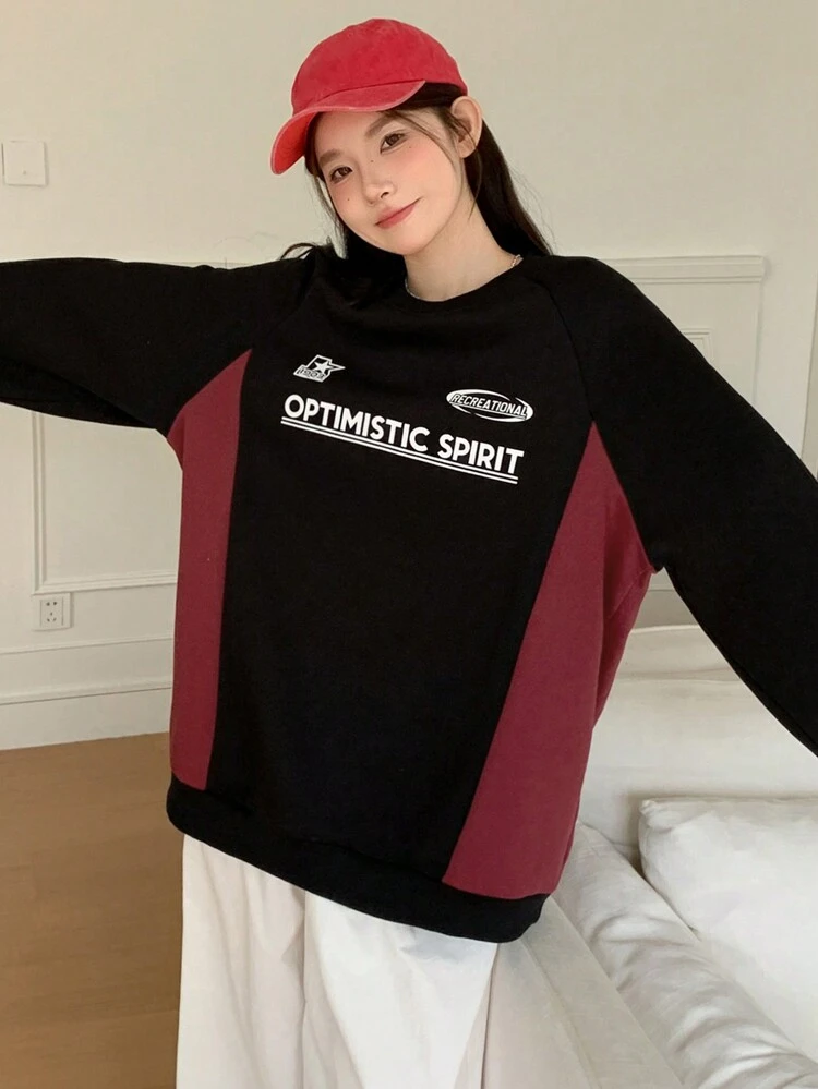 Women's Colorblock Letter Print Pullover Sweatshirt, Autumn/Winter