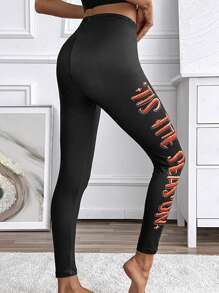 SHEIN LUNE Leggings informales con estampado de calabaza para mujer para Halloween - Negro - Ver 2