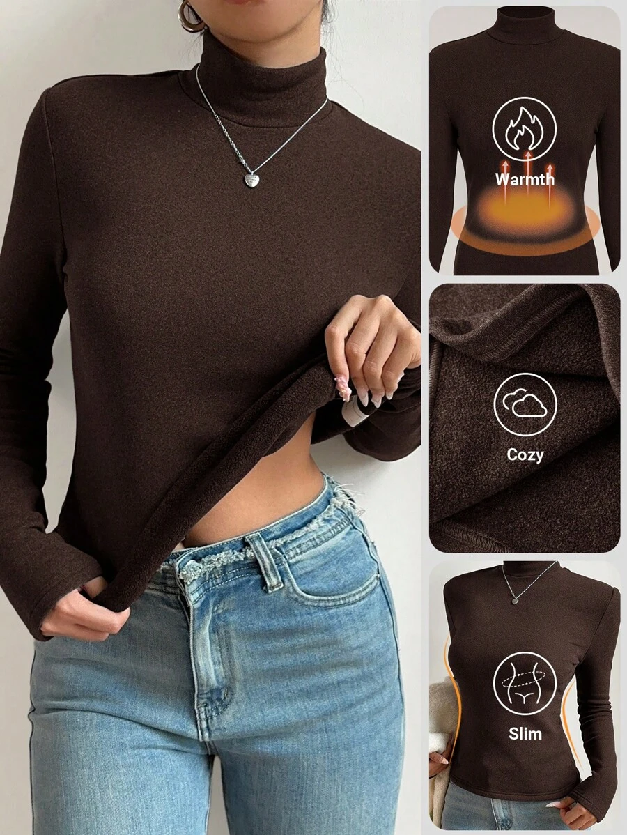 SHEIN BASICS Áo thun nữ cổ lọ tay dài ôm màu trơn cơ bản cho mùa thu đông, vải lót nhiệt nâng cấp ấm áp, phong cách, giản dị, thoải mái, đa năng mà không trông cồng kềnh