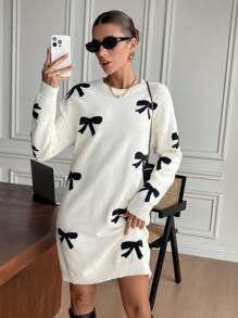 SHEIN Frenchy Women's Bow Pattern Round Neck Drop Shoulder Long Sleeve Casual Sweater Dress, Autumn/Winter - Black and White - View 1