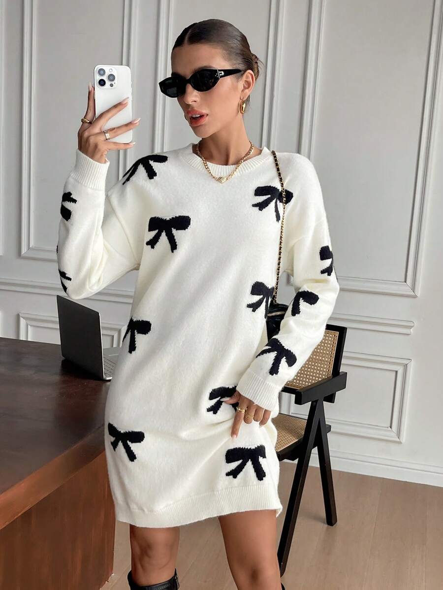 SHEIN Frenchy Women's Bow Pattern Round Neck Drop Shoulder Long Sleeve Casual Sweater Dress, Autumn/Winter - Black and White - View 1