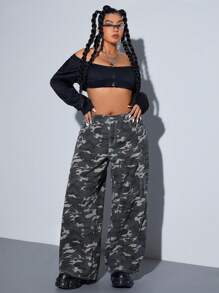 SHEIN ICON Jeans de carga holgados de pierna ancha con estampado de camuflaje de talla grande, pantalones vaqueros para otoño