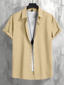 Manfinity Homme Áo sơ mi nam tay ngắn cài nút phía trước màu trơn thường ngày - Màu Khaki - Xem 2