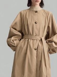 Ontre 女式卡其色圆领长袖风衣，秋冬季开衩袖休闲外套 - 卡其色 - 查看 3