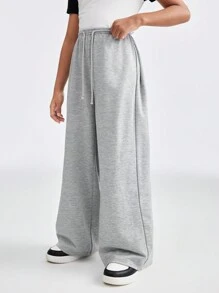 SHEIN Pantalón de chándal informal con cintura con cordón y pierna ancha de color gris para niña preadolescente