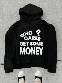 Manfinity Dauomo Áo nỉ trùm đầu tay dài in chữ Y2K Streetwear cỡ lớn cho nam, mùa thu/đông - màu đen - Xem 2