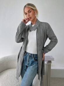 SHEIN Privé Women Casual Herringbone Stand Collar Overcoat, Autumn - Army Green - View 6