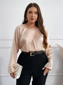 SHEIN Frenchy Plus Size Women Solid Color Round Neck Pleated Long Sleeve Elegant Blouse, Autumn - Dusty Pink - View 2