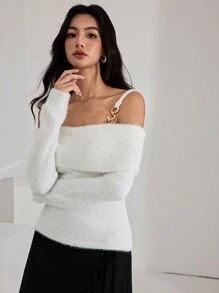 Heiryn Solid Color Off-The-Shoulder Top With Chain Decor, Elegant Long Sleeve Sweater For Autumn/Winter - White - View 5
