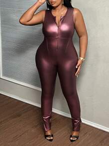 Slaydiva Top court avec fermeture éclair et ourlet fendu, violet laser unicolore, élégant, idéal pour les fêtes et festivals de musique. Combiné avec une combinaison extra longue ample pour femmes en grande taille, en tissu enduit de PU léger, pour le printemps et l'automne - Parme - Voir 4