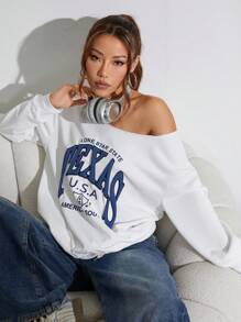 Flirla 一件不对称肩部英文印花卫衣，百搭套头衫，秋季必备 - 白色 - 查看 5