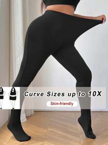 SHEIN CURVE+ Curve Plus 冬秋季纯色基本款女士休闲户外紧身裤 - 黑色 - 查看 2