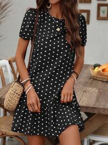 EMERY ROSE Women's Summer Polka Dot Printed Round Neck Short Puff Sleeve Straight Dress - Black - View 3