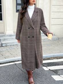 SHEIN Frenchy 大码秋季长款外套，格子外套，外出装，机场装，大翻领外套，前扣长袖平领长款休闲外套，适合冬季 - 彩色 - 查看 10