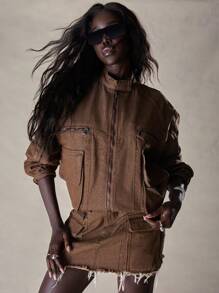 MISSGUIDED Distressed Denim Bomber Utility Jacket Oversize Streetwear Outerwear Fall Winter Fashion Raw Edge Hem Multiple Pockets Zip Front Statement Jacket - Coffee Brown - View 1