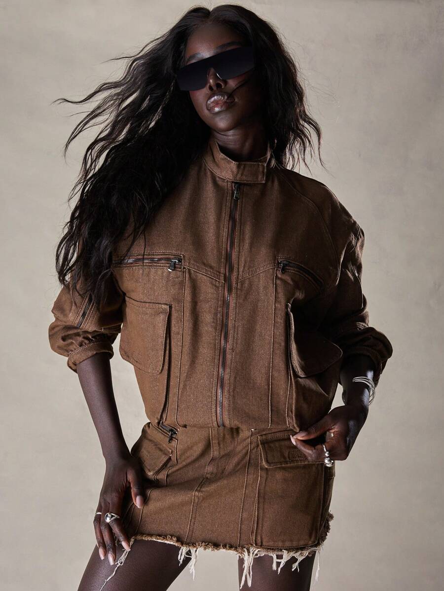 MISSGUIDED Distressed Denim Bomber Utility Jacket Oversize Streetwear Outerwear Fall Winter Fashion Raw Edge Hem Multiple Pockets Zip Front Statement Jacket - Coffee Brown - View 1