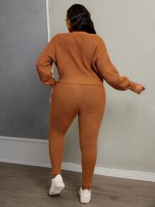 Slaydiva 2pcs Plus Size Casual & Minimalist Loose Knit Sweater Set, Brown, Suitable For Autumn/Winter - Brown - View 2