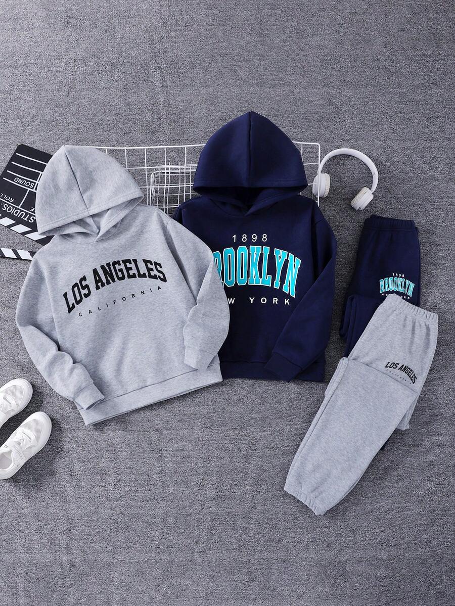 SHEIN Bộ 4 áo hoodie và quần nỉ in chữ American Casual cho bé trai, phù hợp mặc hàng ngày và đi học, trang phục - Nhiều màu - Xem 1