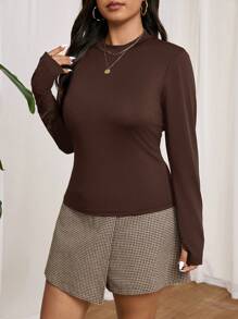 SHEIN Frenchy Plus Size Plain Brown Crew Neck Long Sleeve Basic T-Shirt - Coffee Brown - View 3