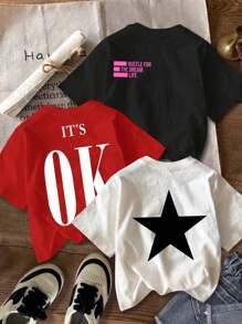 SHEIN EZwear 3pcs/Set Casual Simple Star & English Letter Print Crop Top Tee, Suitable For Summer