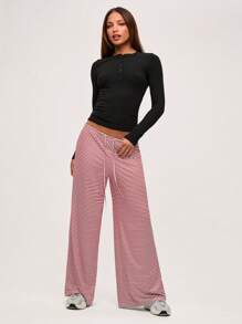 SHEIN BASICS 女式休闲针织条纹低腰宽松阔腿及地长裤，舒适别致，新年 - 紅色 - 查看 5