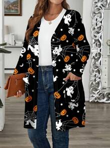 EMERY ROSE Plus Size Women Halloween Pumpkin Skull Bat Printed Casual Loose Long Sleeve Lightweight Cardigan Winter Fall Autumn - Black - View 4