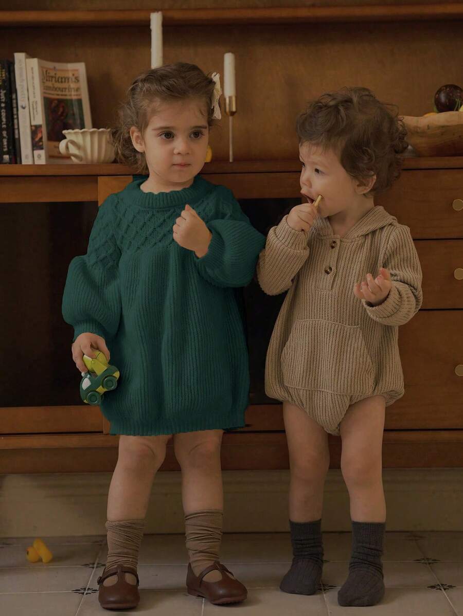 SHEIN Baby Girl Cute Solid Color Lantern Sleeve Sweater Dress, Crew Neck, Autumn/Winter