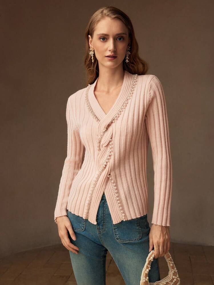 FAUX PEARL DETAIL SPLIT HEM CABLE RIBBED KNIT SWEATER
