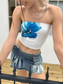 SHEIN EZwear Women's Floral Print Ruched Bandeau Backless Camisole Top